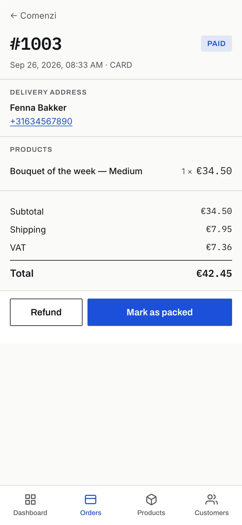An open order in the admin, on a phone