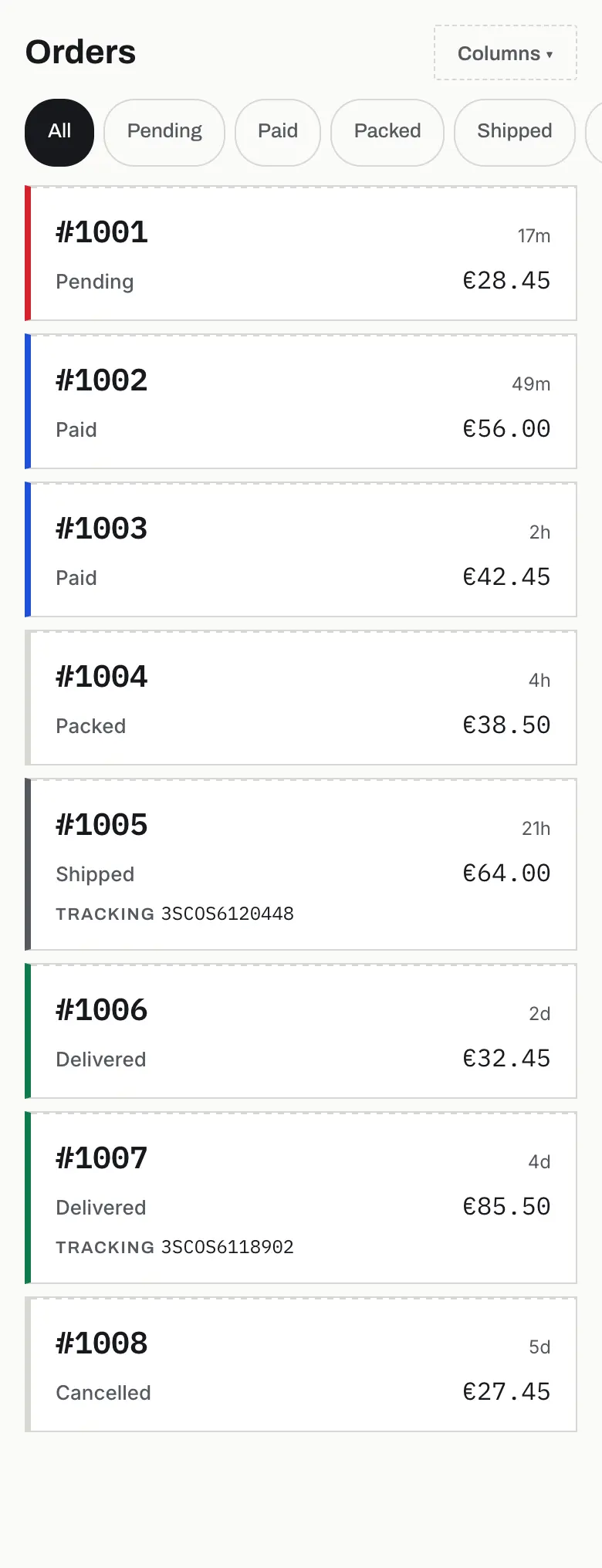 The order list in the admin, on a phone