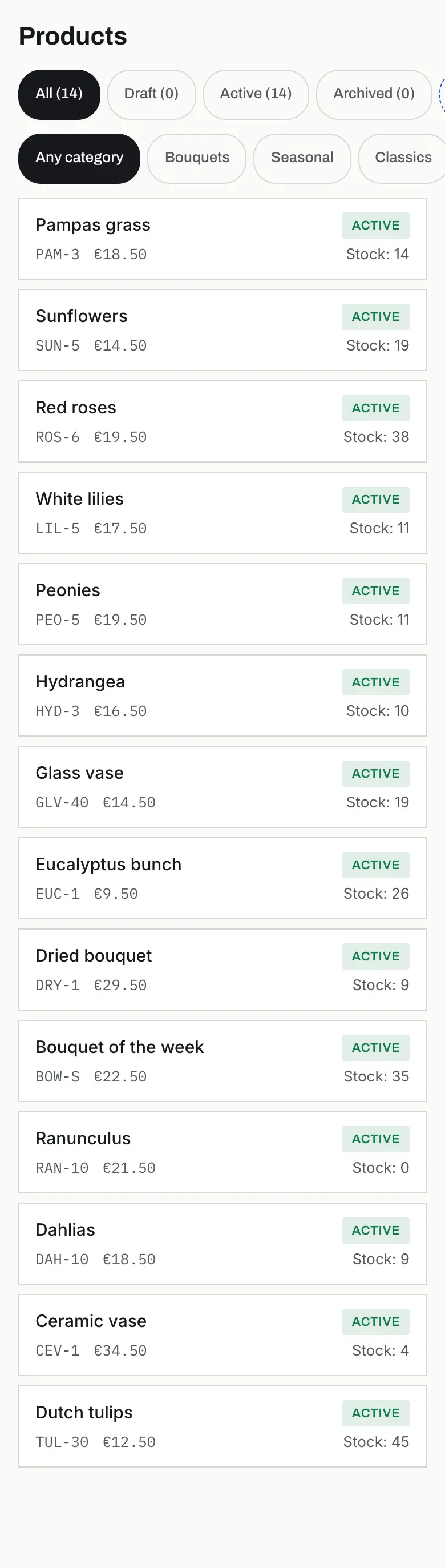 The product list in the admin, on a phone